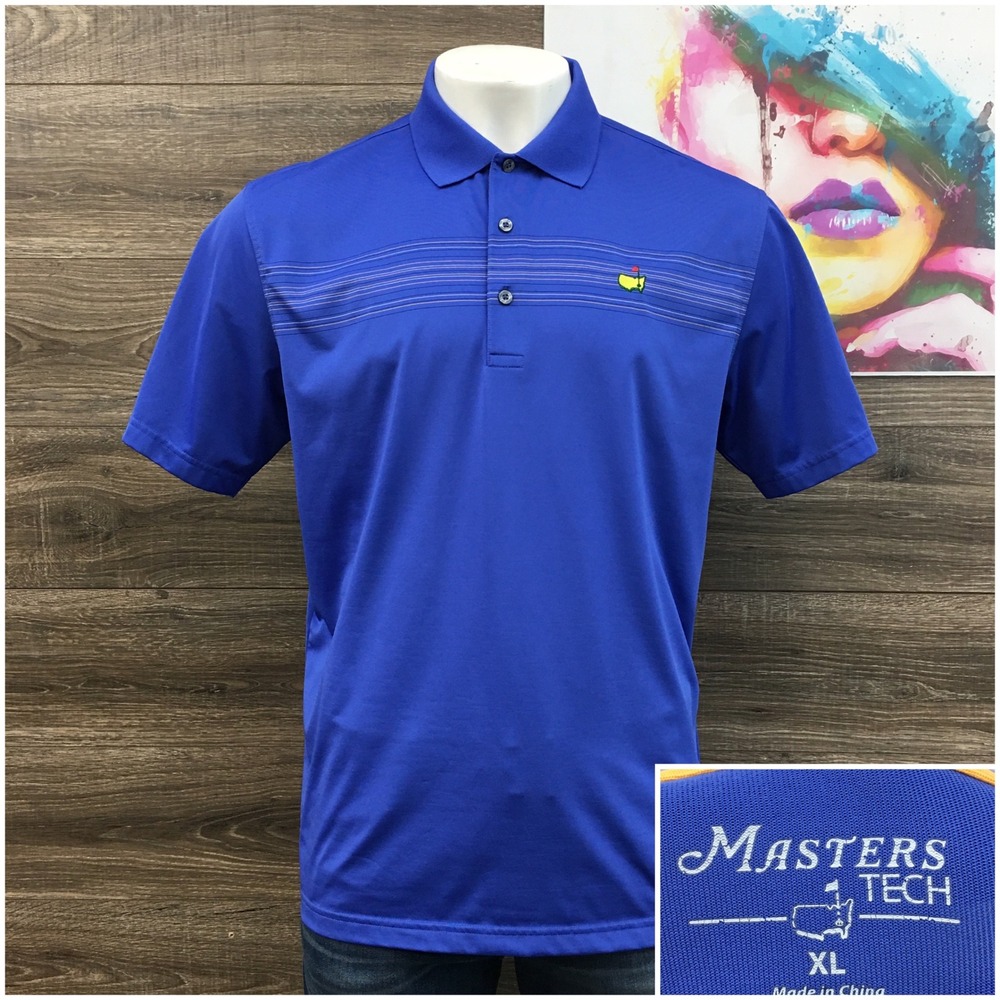 Masters Tech Mens XL Blue Striped Short Sleeve Golf Polo Shirt Logo Performance